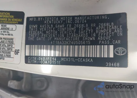 2004 Toyota Camry Se V6 из США, поврежденный, VIN 4T1BA32K74U505615